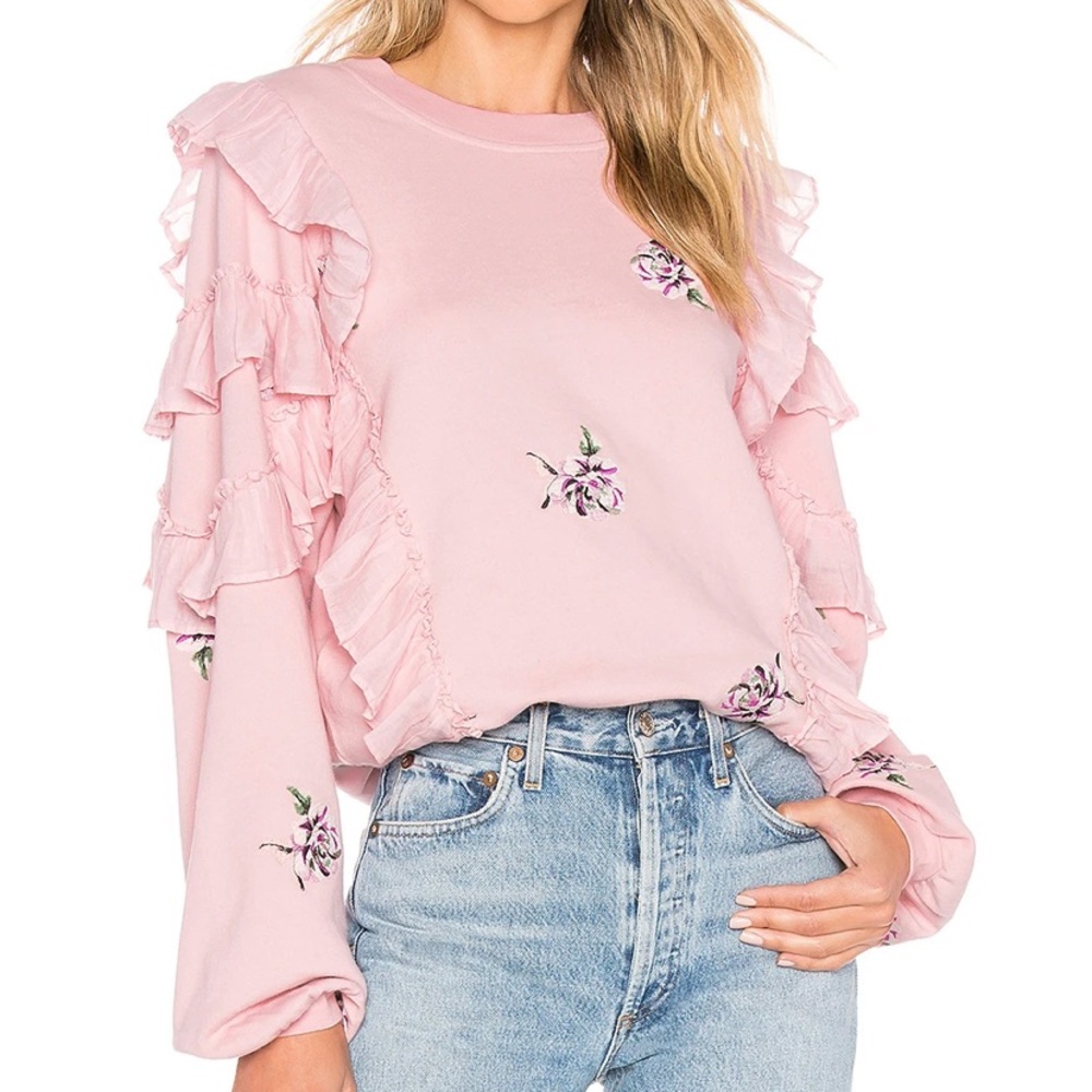 NWT TULAROSA Embroidered Ruffle pink sweatshirt S